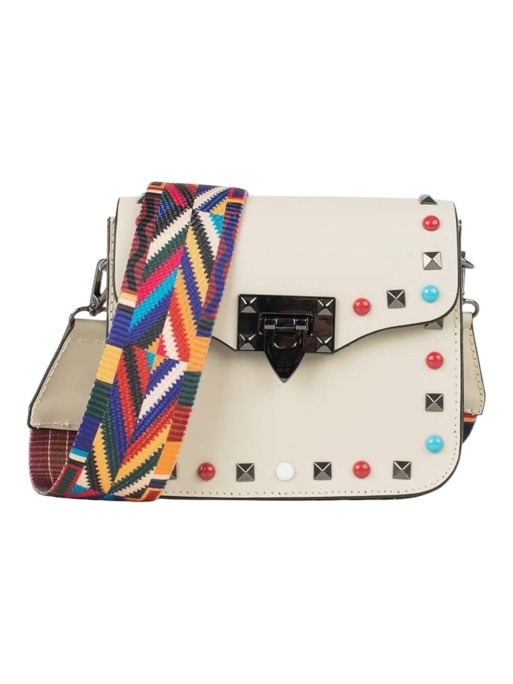 GENUINE LEATHER Cream
Studded w/ patterned Strap Women's Bag Made in Italy
